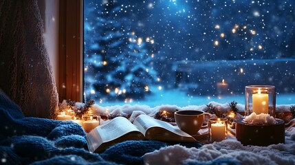 A cozy scene with an open book, a cup of coffee, and candles on the windowsill overlooking snow...