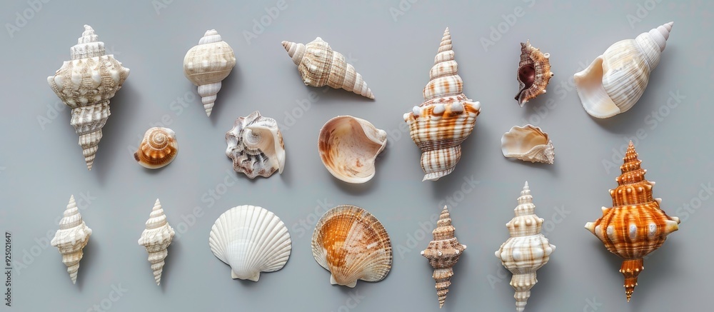 Poster various sea shells displayed on a gray background in a top-down flat lay composition with ample copy