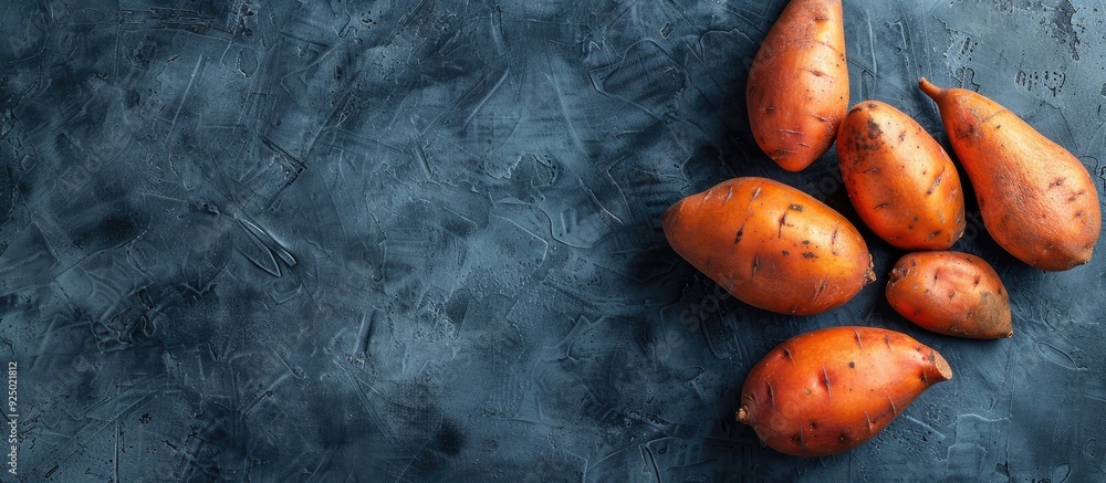 Poster sweet potatoes displayed on a backdrop with empty space for writing or graphics, known as a copy spa