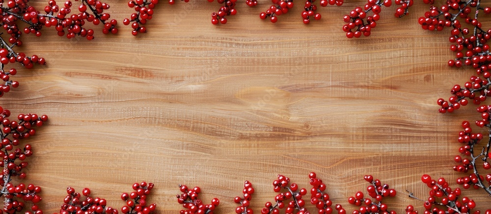Aufkleber light wooden background adorned with red christmas tree beads along the edges creates a festive chri