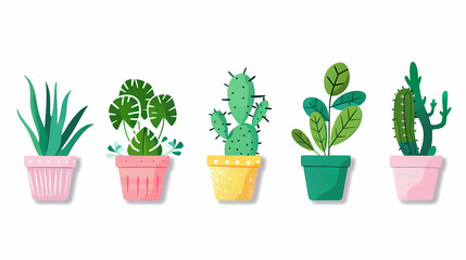 Obraz premium Set of different plants in pots isolated on white background illustration