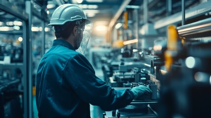 Obraz premium Worker in safety gear inspecting machinery in an industrial factory setting, focusing on quality control and production efficiency.