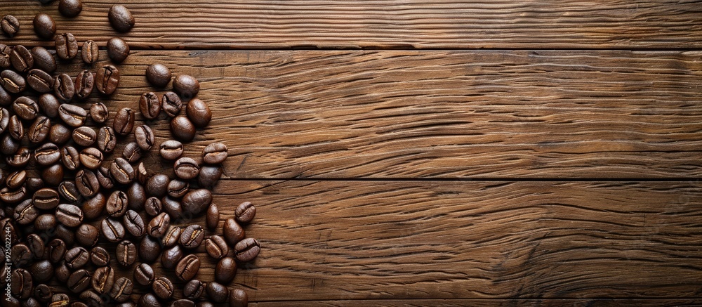 Aufkleber top view of roasted coffee beans on a wooden surface with a clear area for text or graphics, creatin