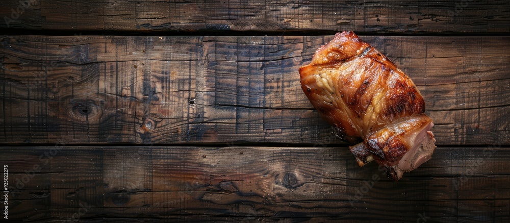 Poster top view of a cooked pork leg knuckle displayed on a dark wooden surface with space for text or imag