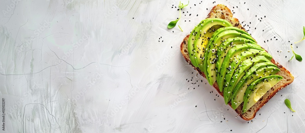 Poster healthy avocado toast on white background top view with copy space image.