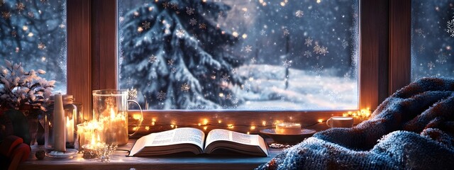 A cozy scene with an open book, a cup of coffee, and candles on the windowsill overlooking snow falling outside