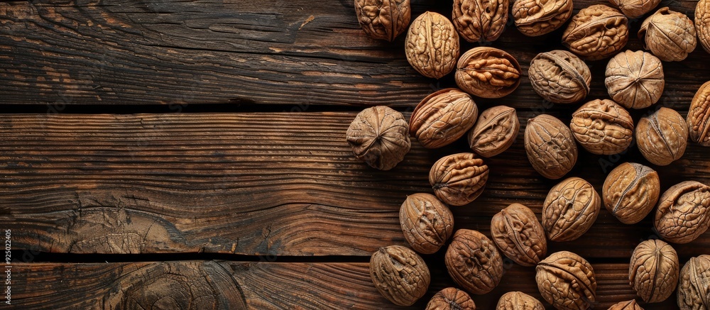 Poster walnuts arranged on wooden background with copy space image.