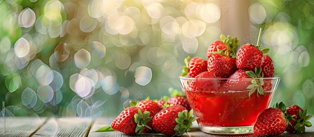 Poster strawberry juice and strawberries displayed in a bowl on a wooden table with a light bokeh backgroun