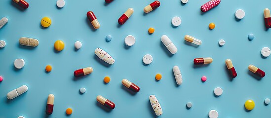 Various drugs like pills, tablets, and capsules arranged on a blue surface seen from above. There is room for text or other elements in the photo. image with copy space