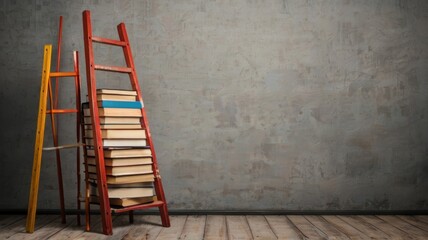 photo front view of stacked books and ladders with copy