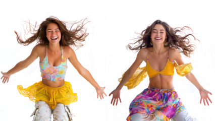 Set of Energetic Woman in Colorful Attire, Capturing the Essence of Joy and Freedom, Isolated on Transparent Background