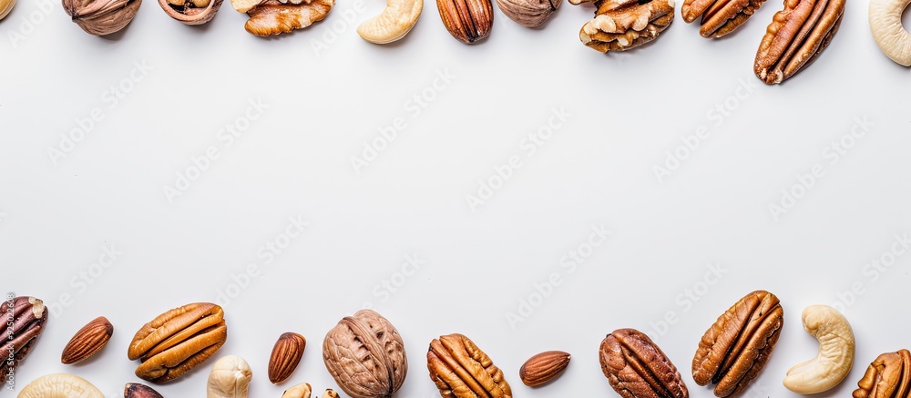 Poster pecan nut and various nuts isolated on white background with copy space image.