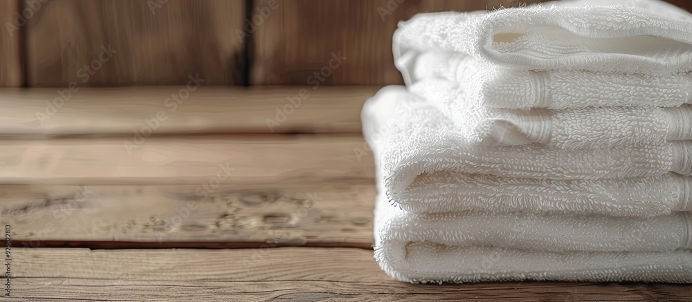 Poster view of soft folded terry towels on a wooden table with ample space for text in the image.