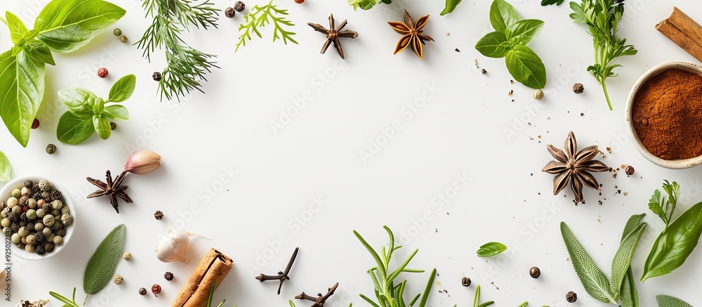 Aufkleber fresh herbs and spices create a frame surrounding a copy space image against a white backdrop.