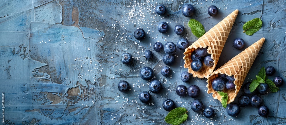 Aufkleber top-down view of waffle cones with blueberries and fresh mint on a textured rustic backdrop, featuri