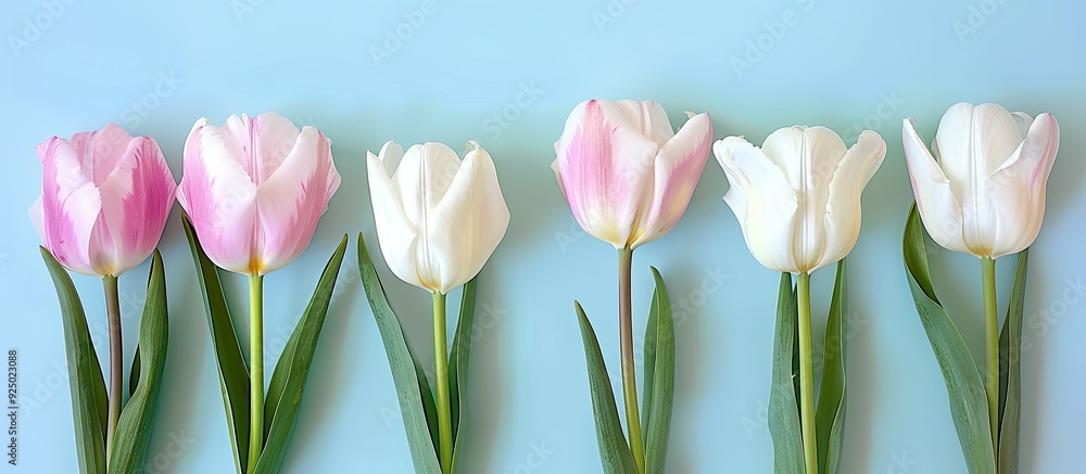 Poster row of delicate pink-white tulips on a blue backdrop with a close-up view, highlighting the colorful