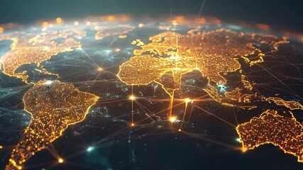 A world map illuminated by city lights at night, highlighting global connectivity through glowing lines. - Powered by Adobe