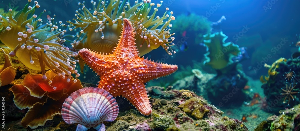 Poster sea star and scallop featuring in a beautiful underwater setting with open space for additional elem