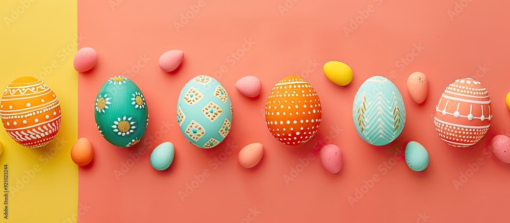 Poster top view of a collection of decorative easter eggs displayed on a colored background, featuring copy