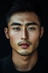 Fototapeta premium Close-up portrait of a young East Asian male with dark features, capturing serene beauty against a simple black background