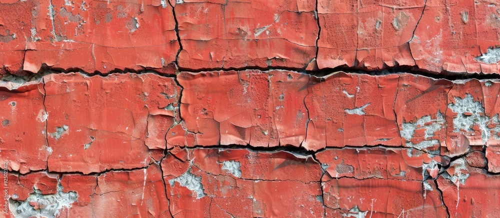 Poster red cracked brick texture on a street wall with a blank space for a copy space image or desktop back