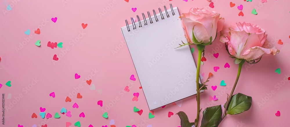Poster overhead view of two fresh pink roses with a notepad on a pink backdrop adorned with colorful hearts
