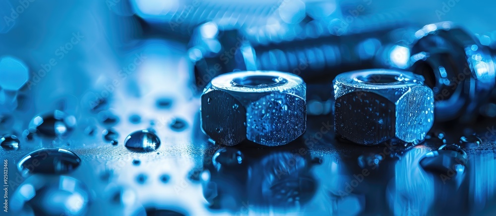 Aufkleber macro image of bolts and nuts on a blue-lit monochrome background providing copy space image.