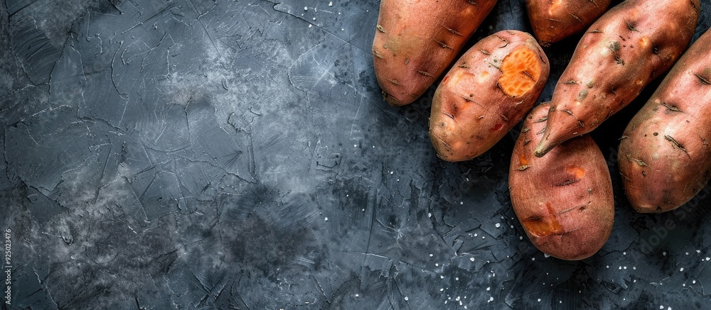 Poster sweet potatoes displayed on a backdrop with empty space for writing or graphics, known as a copy spa