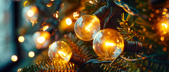 Close up of glowing lamp bulb, lights, garland with green fir branches.Christmas and New Year minimal mockup . Winter holidays celebration background. Copy space. Generative ai