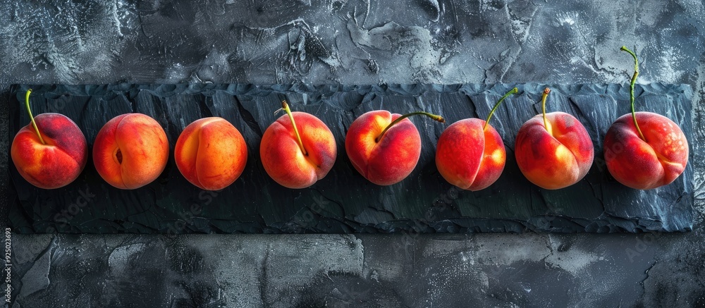 Aufkleber peaches at different stages of ripeness displayed on a textured black stone with a focus on promotin