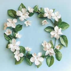 White jasmine garland, green leaves with a light blue background.