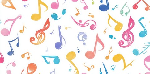Colorful musical notes and treble clef seamless pattern on a white background vector illustration.