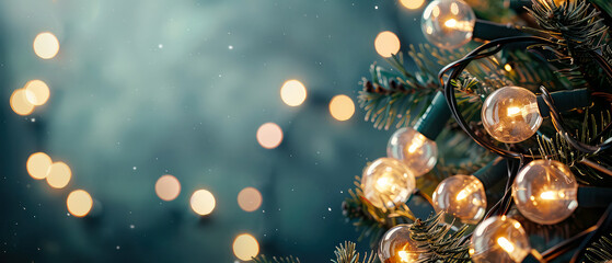 Christmas and New Year layout. Fir branches, glowing lamp bulb, golden decoration, lights, garland on turquoise  background. Flat lay.  Winter holidays celebration. Copy space. Generative ai