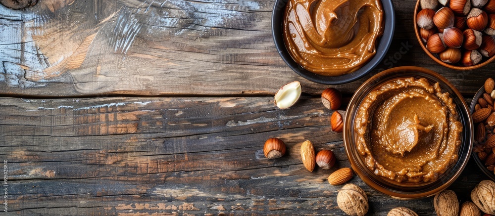 Poster hazelnut butter and nuts displayed on a wooden surface with copy space image.