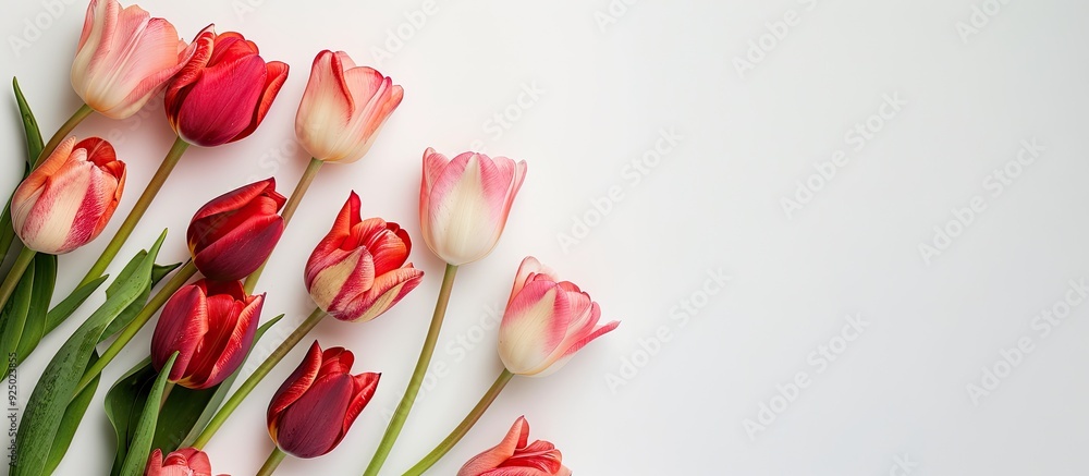 Poster white background featuring tulip flowers with copy space image available for text inclusion.
