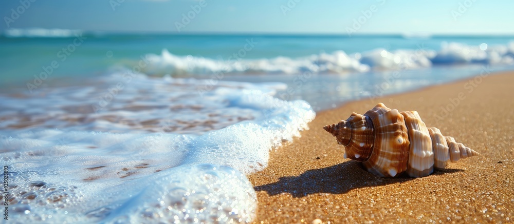 Poster sandy beach with a shell, providing space for text or images. image with copy space