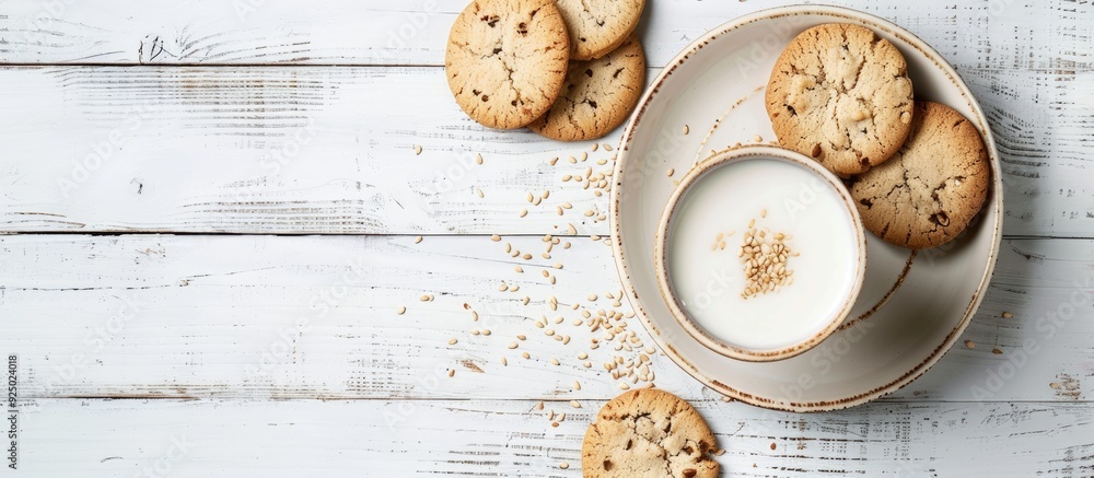 Poster sesame non-dairy milk with cookies is the vegan alternative displayed on a white wooden background w