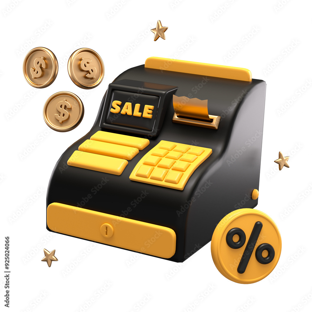 Poster cash register icon isolated on transparent background with coins and percent symbol for black friday