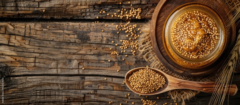 Poster wooden table displaying a jar and spoon of whole grain mustard, with room for text beside them in th
