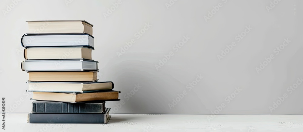 Poster stack of books on a white surface with copy space image.