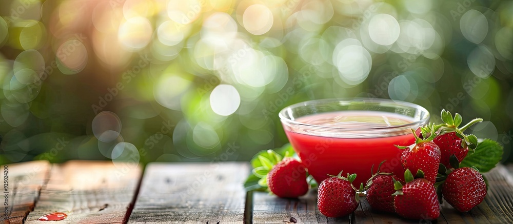 Poster strawberry juice and strawberries displayed in a bowl on a wooden table with a light bokeh backgroun