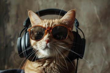 Cool ginger cat wearing headphones and sunglasses enjoying music