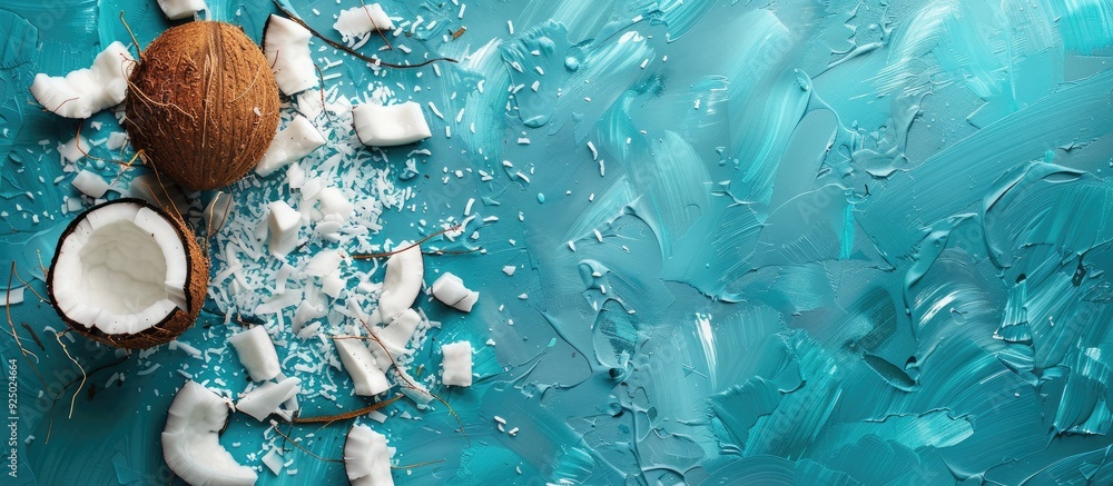 Aufkleber top-down view of a shattered coconut on a vibrant backdrop with copy space image.