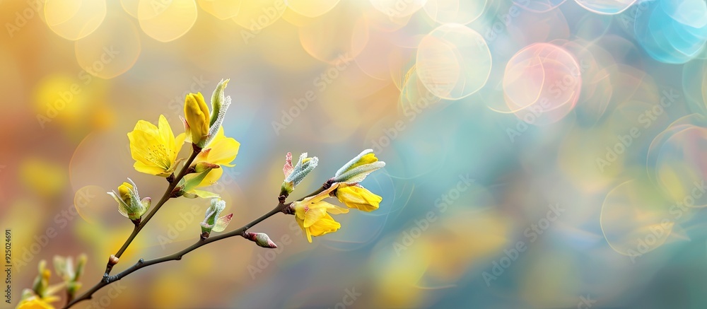Poster vibrant close-up of a new yellow forsythia bud in vivid nature setting with blurred backdrop and emp