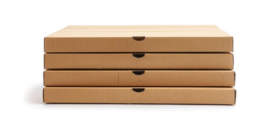 Front view of a stack of brown pizza boxes against a white backdrop, with a clipping path for a copy space image.