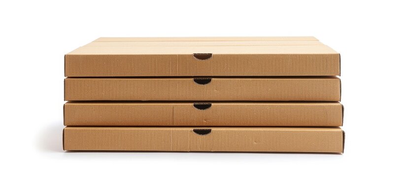 Front view of a stack of brown pizza boxes against a white backdrop, with a clipping path for a copy space image.