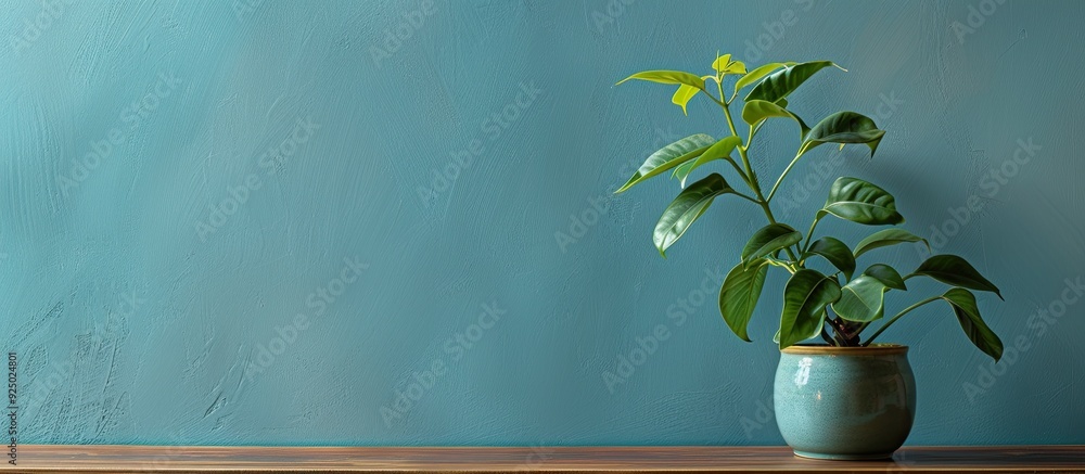 Poster houseplant displayed in a flowerpot on a table beside a wall, with empty space in the shot for futur
