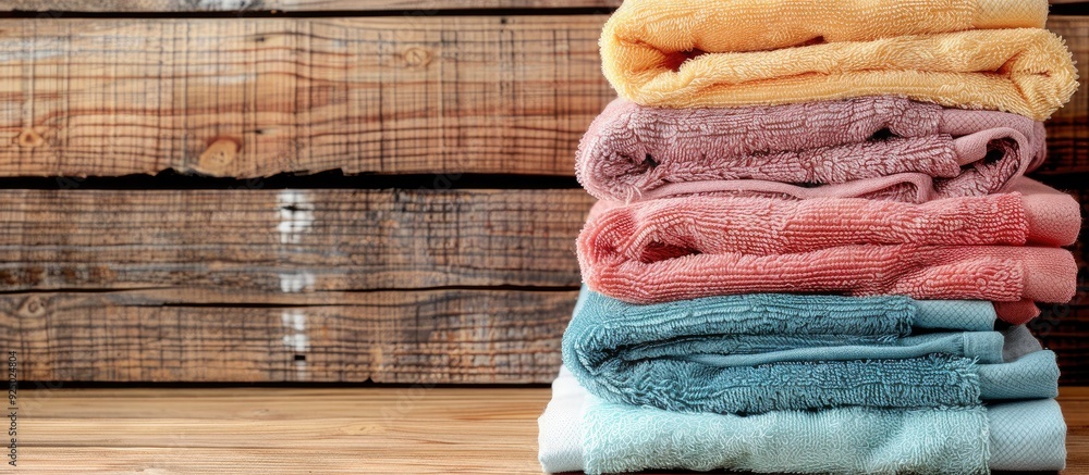 Poster house cleaning concept with neatly folded towels displayed on a wooden background with copy space im
