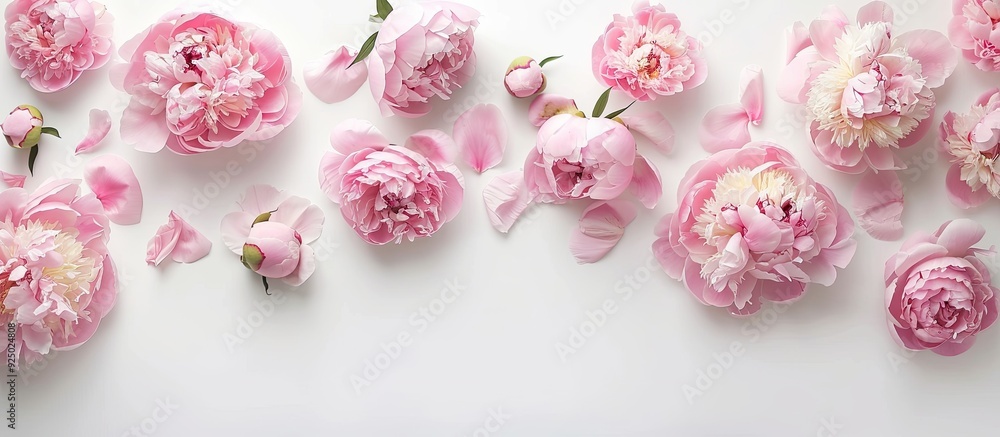 Poster light pink peonies are artfully arranged on a white backdrop in a flat lay composition from a top-do