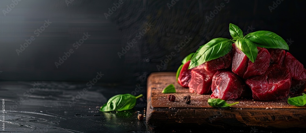 Poster fresh raw beef on a cutting board with basil leaves for cooking preparation, against a black backdro